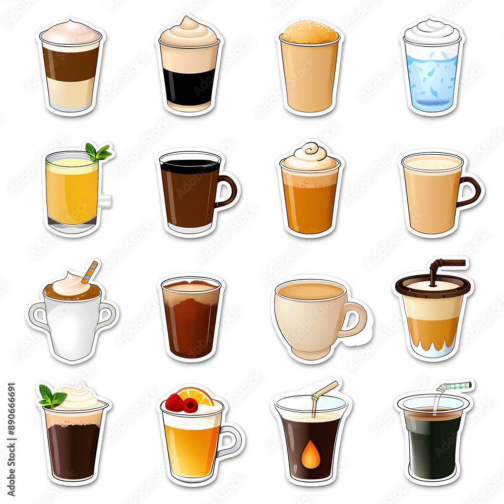 Creative Beverage Stickers with Various Drinks on a White Background Creative Beverage Stickers with Various Drinks on a White Background