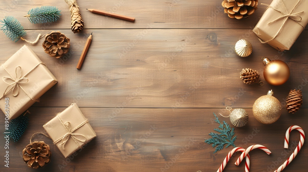 Christmas Decorations on Rustic Wood Background. Christmas Decorations on Rustic Wood Background.