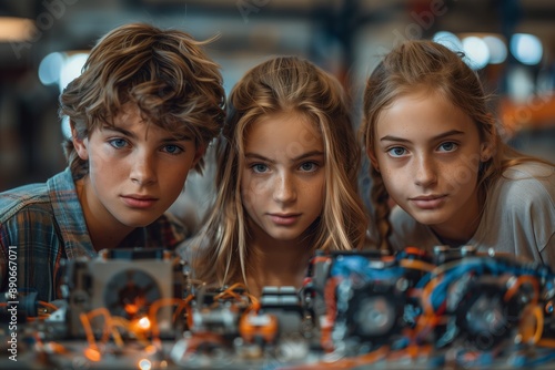 Three Teenagers Working On A Robotics Project In A Workshop