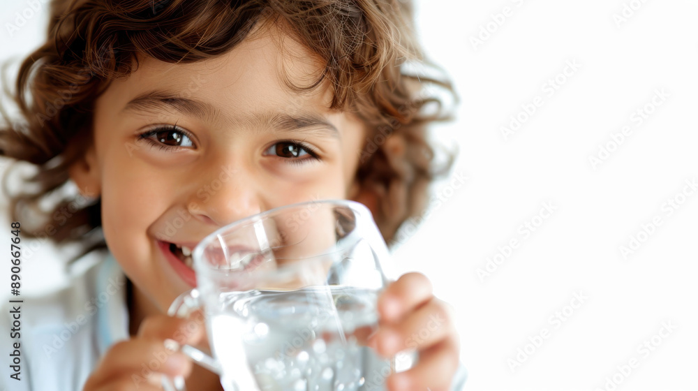 Smiling child pouring water into a glass, white background, looking at the camera, glass in focus, blurred background Smiling child pouring water into a glass, white background, looking at the camera, glass in focus, blurred background