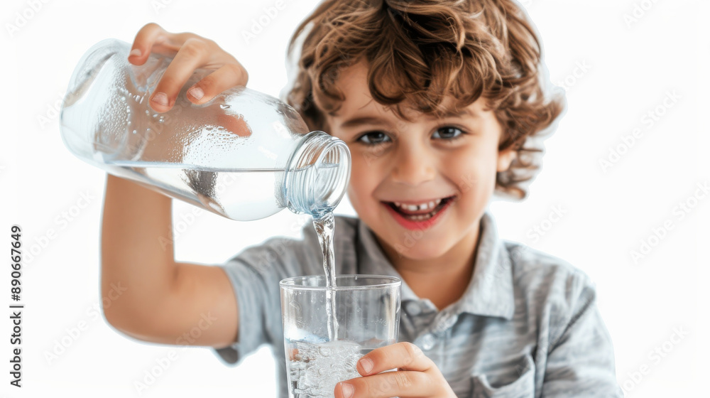 Smiling child pouring water into a glass, white background, looking at the camera, glass in focus, blurred background Smiling child pouring water into a glass, white background, looking at the camera, glass in focus, blurred background