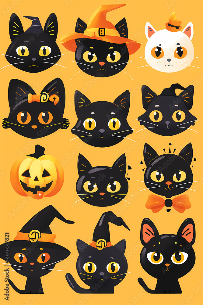 Set of Cute Halloween Cat Emoticons | Bows, Hats, and Spooky Fun Set of Cute Halloween Cat Emoticons | Bows, Hats, and Spooky Fun