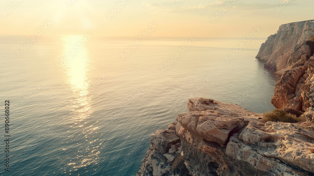 Golden Sunset Over Calm Ocean with Rocky Cliff Golden Sunset Over Calm Ocean with Rocky Cliff
