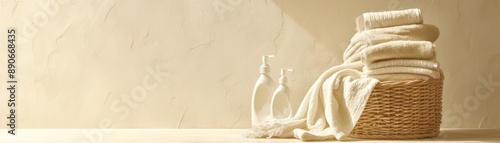 Spa-inspired scene with neatly folded towels in a woven basket and lotion bottles, set against a beige background for relaxation and calm.