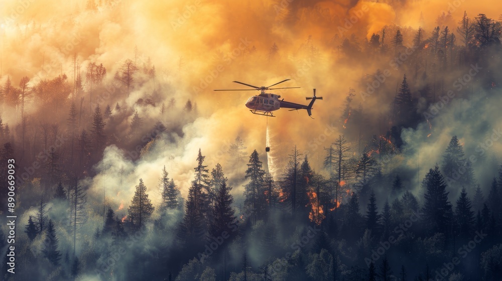 A firefighting helicopter uses a water bucket to put out a forest blaze. A firefighting helicopter uses a water bucket to put out a forest blaze.