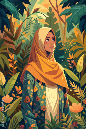 Ethereal Muslim Woman in Floral Hijab with Lush Garden Background in Impressionist Style
