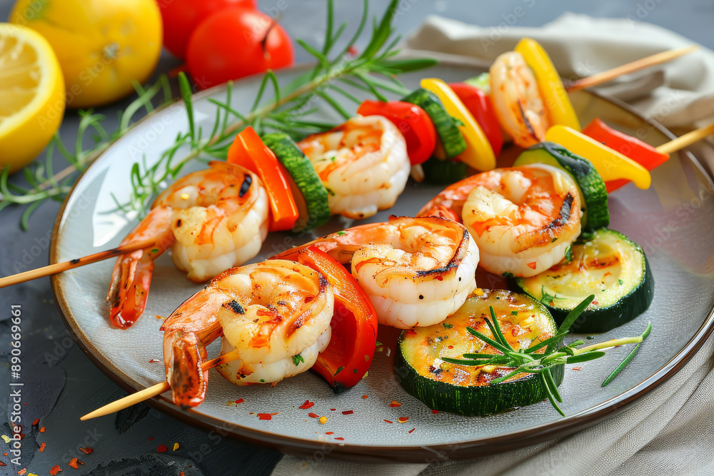 Grilled shrimp skewers with vegetables on a stylish plate, garnished with rosemary and seasoning, creating a vibrant and appetizing presentation. Grilled shrimp skewers with vegetables on a stylish plate, garnished with rosemary and seasoning, creating a vibrant and appetizing presentation.