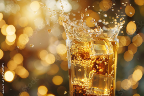 A refreshing glass of cola, with ice cubes splashing, captured under warm, golden bokeh lights, creating an invigorating, festive ambiance.