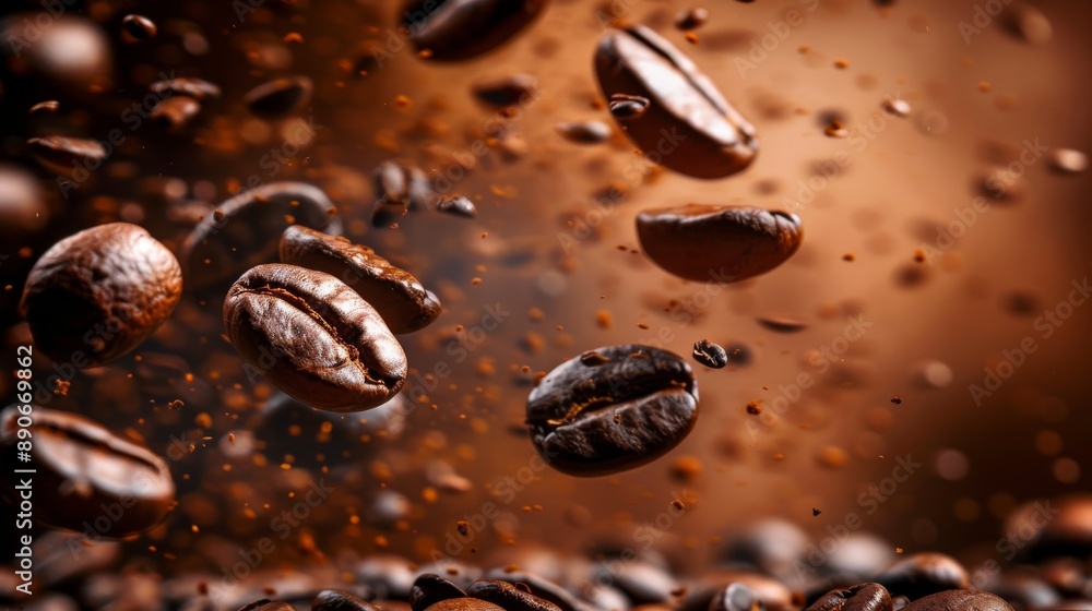 Coffee beans, roasted, falling onto a pile, close-up shot, brown backdrop. Coffee beans, roasted, falling onto a pile, close-up shot, brown backdrop.