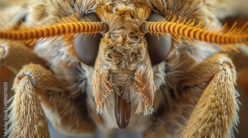 Detailed close-up of a magnificent moth s face showing intricate features and soft fur photo