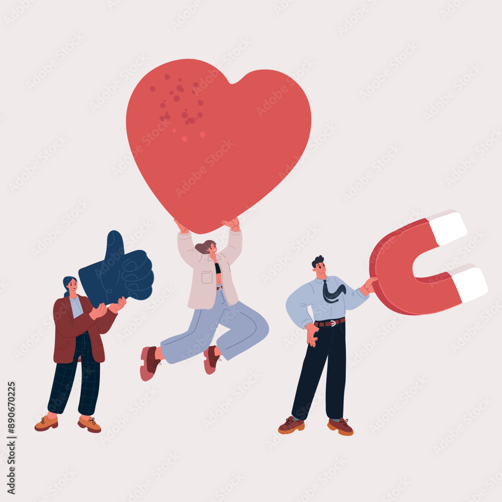 Cartoon vector illustration of Different hands giving an influencer likes, thumb up, notification Blogger holding a big magnet, gathering attention Cartoon vector illustration of Different hands giving an influencer likes, thumb up, notification Blogger holding a big magnet, gathering attention