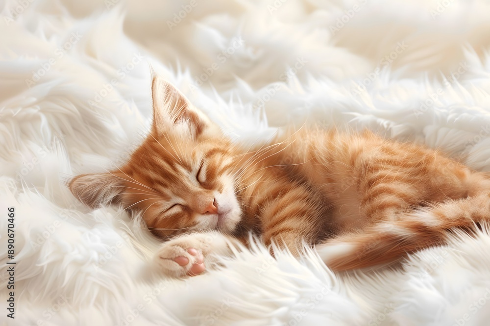 Orange tabby kitten sleeping on fluffy white blanket, radiating warmth and calm Orange tabby kitten sleeping on fluffy white blanket, radiating warmth and calm