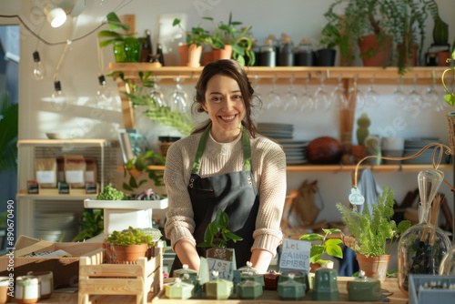 Wallpaper Mural A friendly woman in a plant shop, smiling while surrounded by various plants and gardening tools, exuding warmth and hospitality. Torontodigital.ca