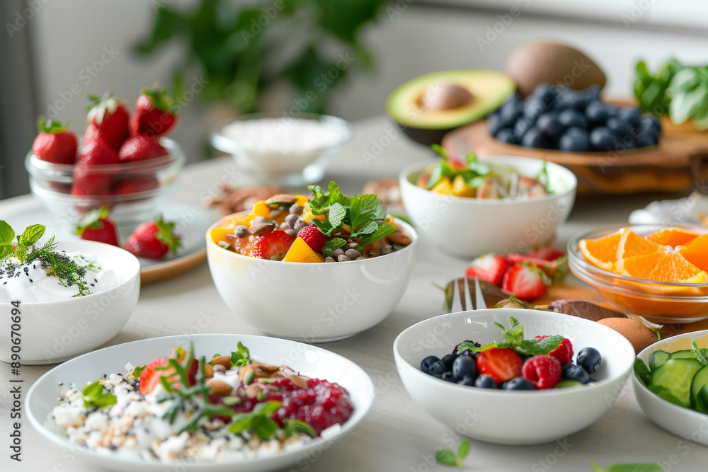 Assorted fresh berries, nuts, and vegetable salads arranged on a table, reflecting a colorful, nutritious breakfast feast ready to enjoy. Assorted fresh berries, nuts, and vegetable salads arranged on a table, reflecting a colorful, nutritious breakfast feast ready to enjoy.