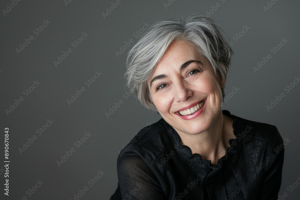 A mature, smiling woman with gray hair against a neutral background radiates confidence, warmth, and wisdom, epitomizing graceful aging. A mature, smiling woman with gray hair against a neutral background radiates confidence, warmth, and wisdom, epitomizing graceful aging.