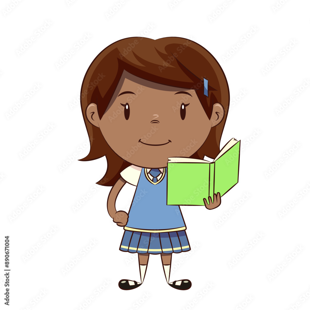 Girl reading book, hand on hip, schoolgirl, blue school uniform Girl reading book, hand on hip, schoolgirl, blue school uniform