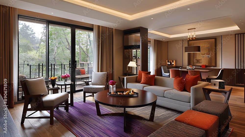 Fototapeta premium Modern Living Room with a View of Lush Greenery