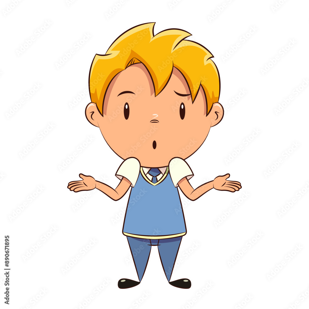 Confused kid shrugging shoulders, schoolboy, blue school uniform