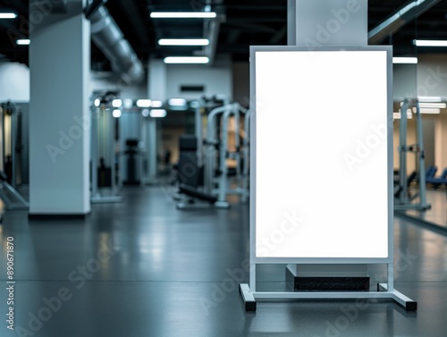 Bright gym interior with a large empty billboard for ads