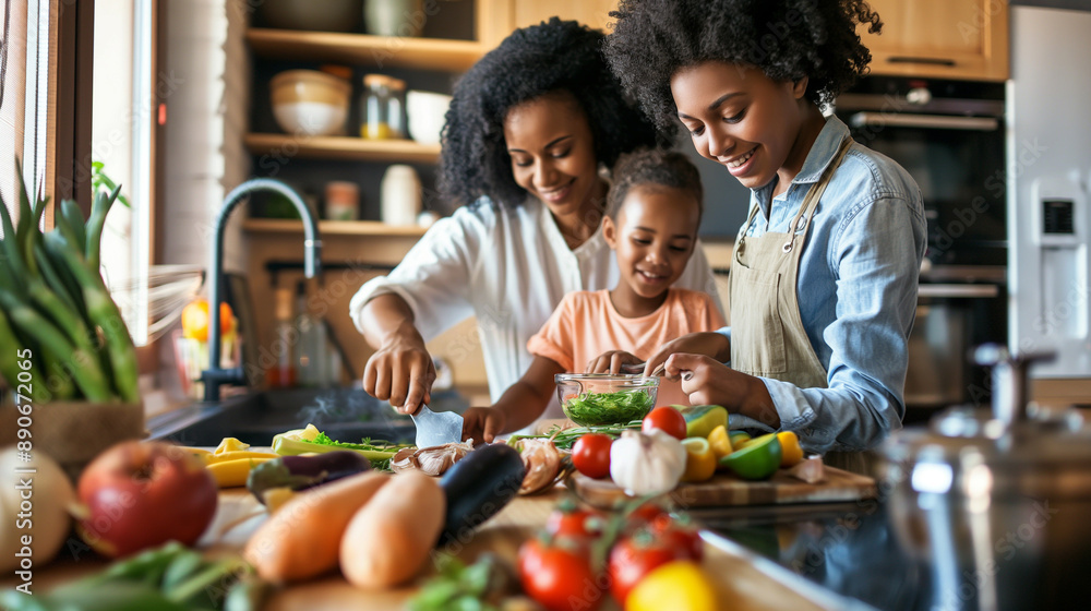 Happy family cooking healthy meal together in modern kitchen, mother and daughter chopping fresh vegetable Happy family cooking healthy meal together in modern kitchen, mother and daughter chopping fresh vegetable