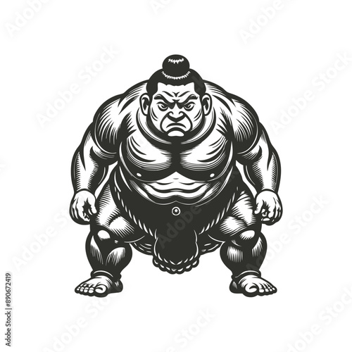 japanese sumo wrestler engraving hand drawn illustration isolated white background