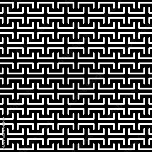 Seamless black and white geometric pattern with interlocking opposing shapes. Suitable for various creative projects.