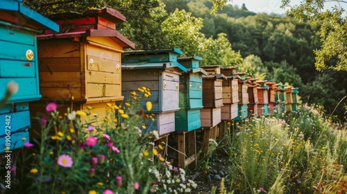 A row of colorful bee hives are lined up in a field