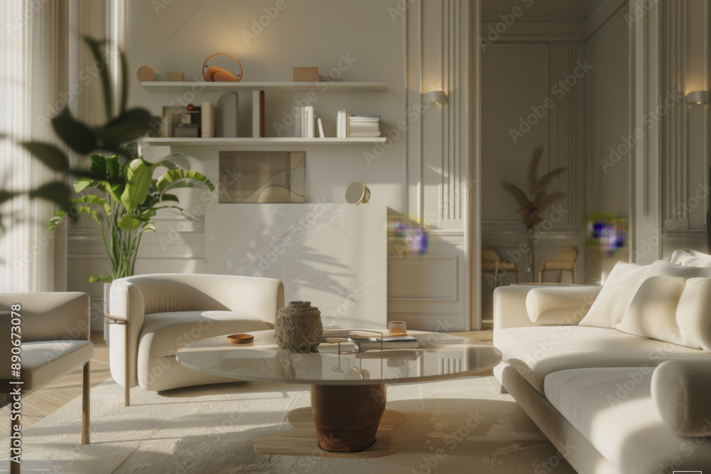 Fototapeta premium A bright living room with large windows, high ceilings, and a stone fireplace showcases a blend of rustic and modern decor, creating an airy and welcoming space.