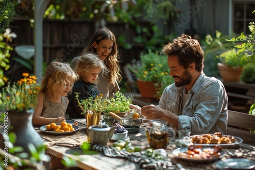 Family Enjoying a Summer Meal in a Lush Backyard Garden © fotofabrika