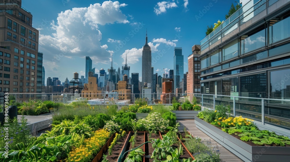 Rooftop gardens with a stunning city skyline as the backdrop Rooftop gardens with a stunning city skyline as the backdrop