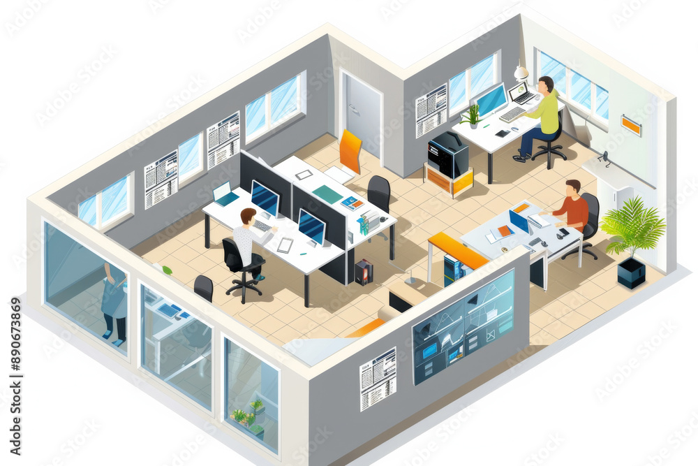 A modern office space with employees working at desks equipped with computers, large windows, and a minimalist design, fostering a productive work environment. A modern office space with employees working at desks equipped with computers, large windows, and a minimalist design, fostering a productive work environment.
