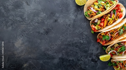 Taco Tuesday: Tacos arranged on the left side of the image, with 70% empty space on the right for a Taco Tuesday announcement. 