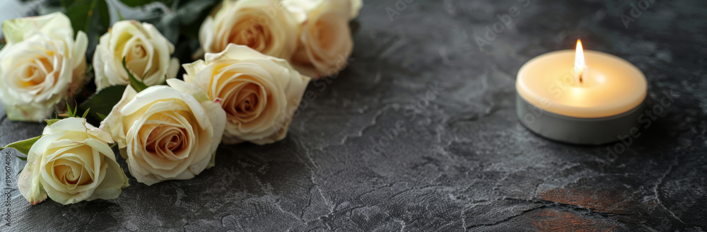candle and white roses on a slate background candle and white roses on a slate background