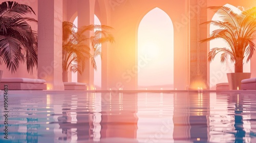 A beautiful sunset scene featuring four elegant arches, two large potted palm trees, a serene pool reflecting the warm hues of the setting sun, and a sense of peace and tranquility. photo