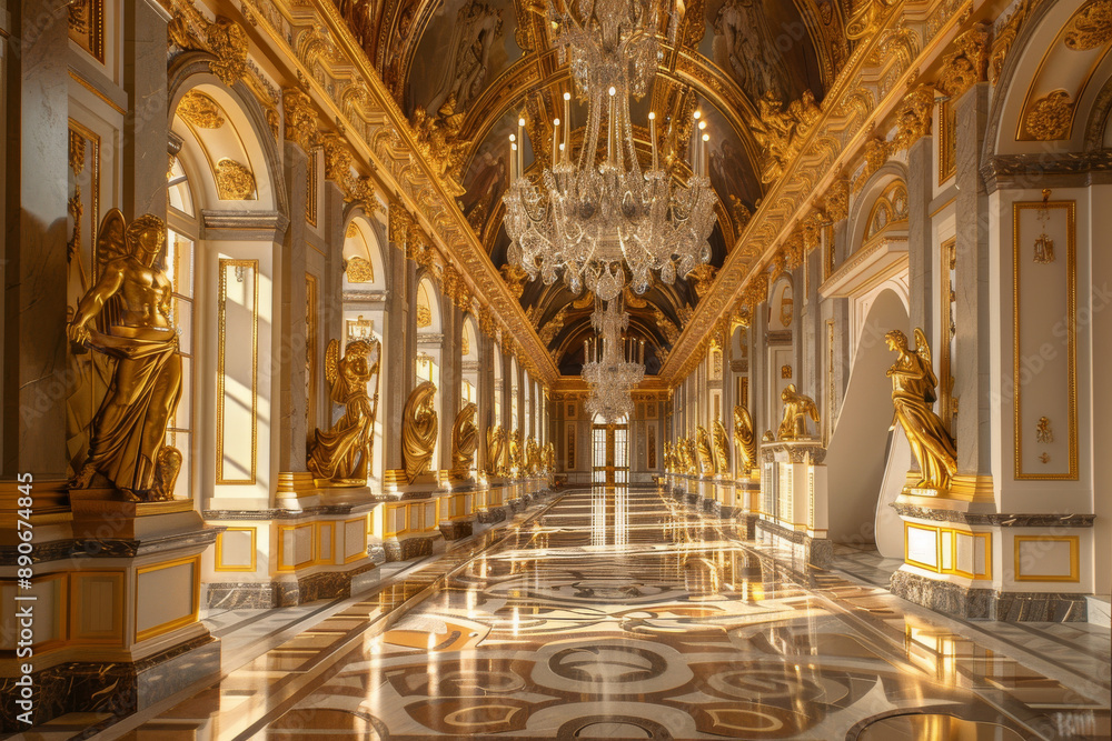 Fototapeta premium Opulent palace hallway adorned with golden statues and a magnificent chandelier, reflecting grandeur and elegance in every corner.