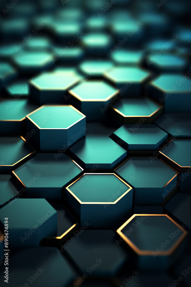 3d render of dark teal and black hexagons with golden edges, depth of field, perspective grid, cinematic lighting. 3d render of dark teal and black hexagons with golden edges, depth of field, perspective grid, cinematic lighting.