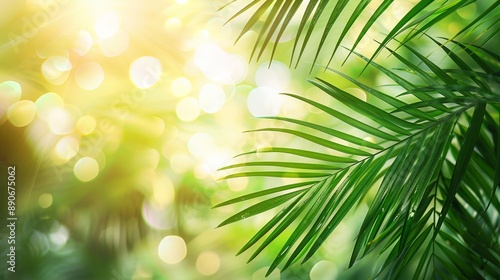 The image showcases lush green palm leaves in the foreground with a sunlit bokeh background, creating a tropical and serene atmosphere perfect for relaxation and tranquility.