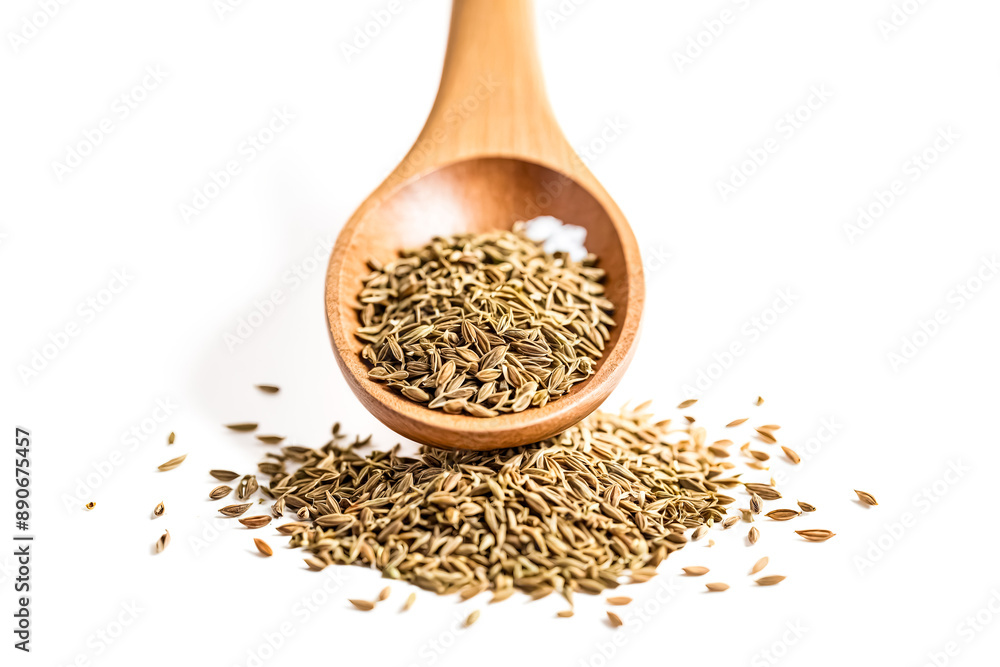 Wooden spoon filled with cumin seeds spilling onto a white background Wooden spoon filled with cumin seeds spilling onto a white background