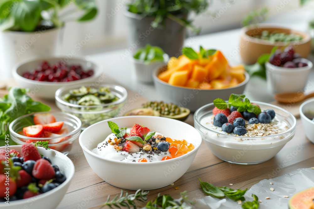 A wide array of fresh fruits, grains, and yogurts, meticulously arranged on a table, bathed in natural light, highlighting a harmonious and healthful breakfast spread. A wide array of fresh fruits, grains, and yogurts, meticulously arranged on a table, bathed in natural light, highlighting a harmonious and healthful breakfast spread.