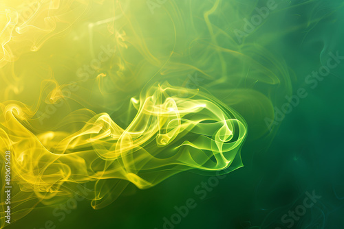 Abstract Yellow and Green Smoke on Gradient Green Background with Copy Space