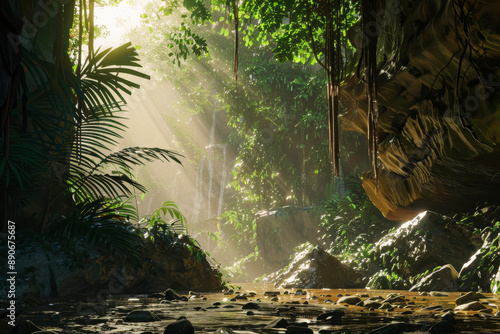 Fototapeta Naklejka Na Ścianę i Meble -  Sunlight streams through dense jungle foliage, illuminating a rocky, tranquil stream beneath, creating a magical, serene natural scene.