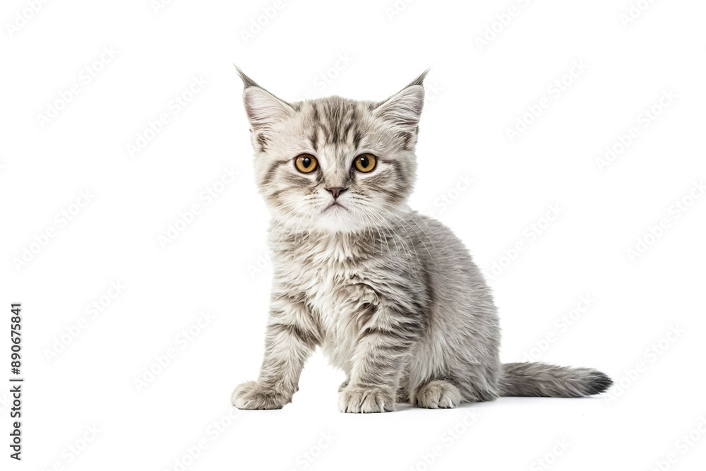 Cute Gray Tabby Kitten Sitting on White Background