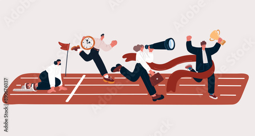 Cartoon vector illustration of Business people run race crossing finish line ribbon. Team leader finish first. Businessperson man, woman colleagues win race competition achieving success. Leadership c