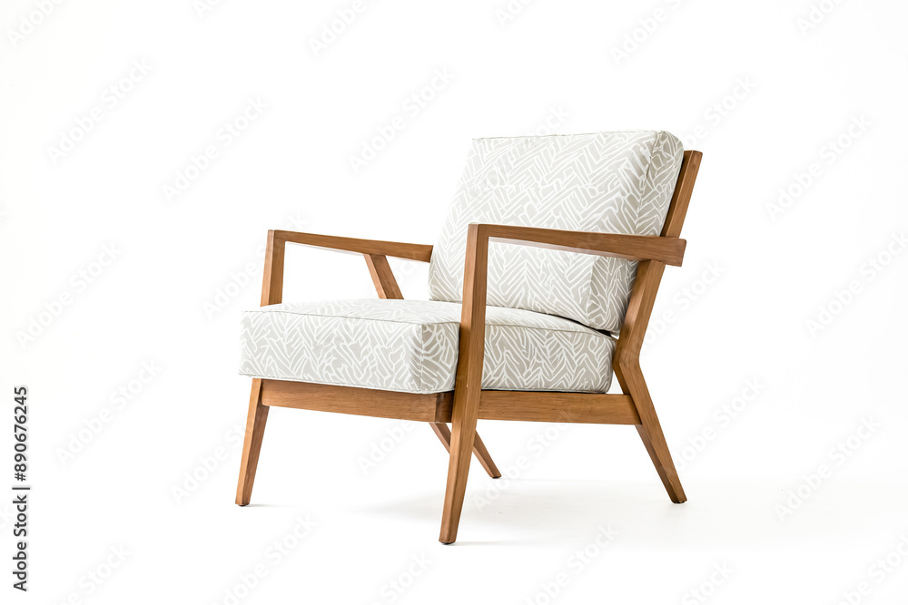 Wooden armchair with white pattern fabric isolated on white background Wooden armchair with white pattern fabric isolated on white background