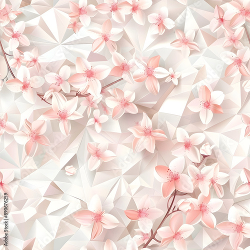Pink flowers pattern blooming on abstract white geometric background