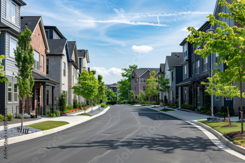 A serene suburban street under a bright blue sky, featuring modern homes framed by lush greenery, exuding tranquility and a sense of community. © Victor Bertrand