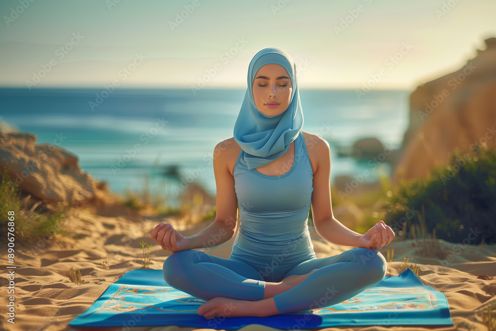 Fototapeta premium Muslim woman is sitting on a mat on the beach, wearing a blue hijab. She is meditating or doing yoga