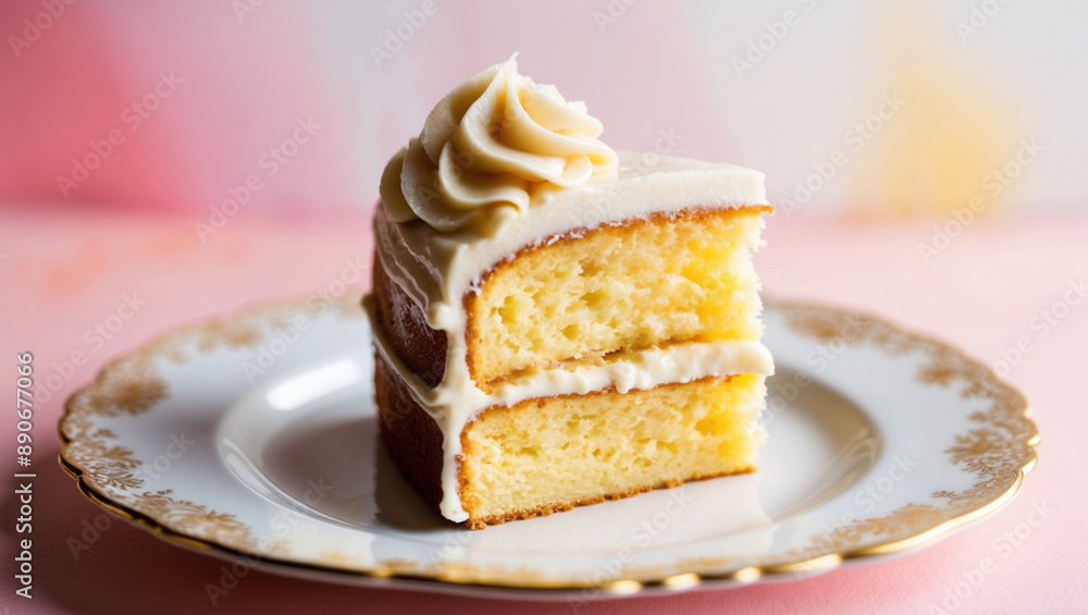 A Slice of Yellow Cake with Almond Frosting on an Ornate Plate A Slice of Yellow Cake with Almond Frosting on an Ornate Plate