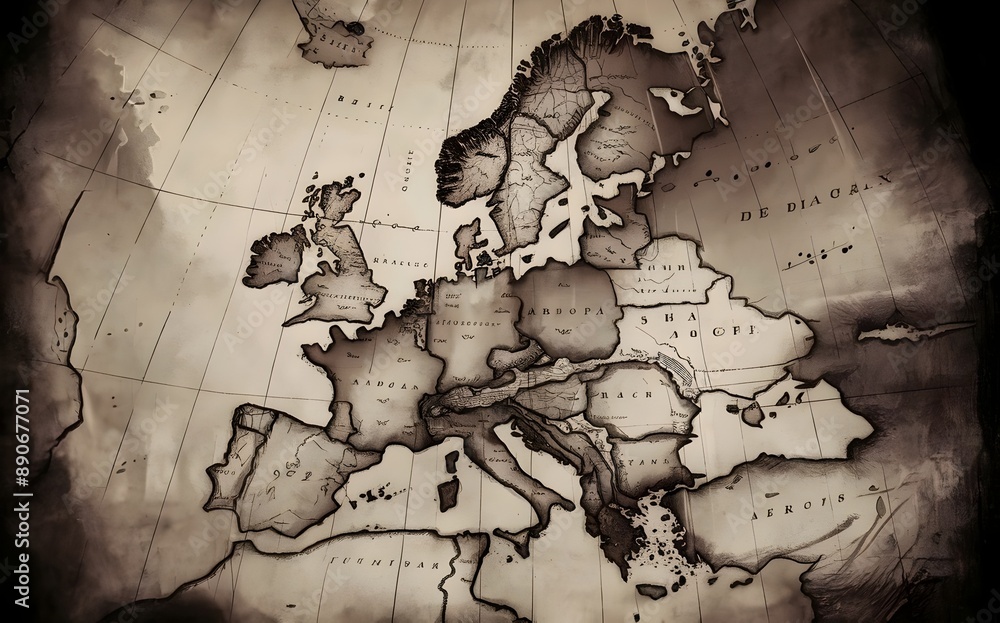 Obraz premium Medieval European Map: An evocative photograph of a tattered map of Europe from the Dark Ages.