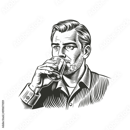 Man drinking Whisky  engraving hand drawn illustration isolated white background